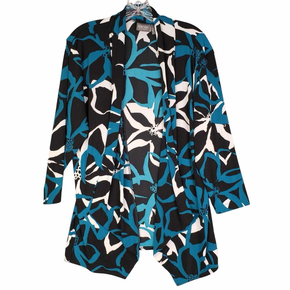 Chicos Cardigan Womens Size 3 Black Blue Floral Open Front Slinky Knit